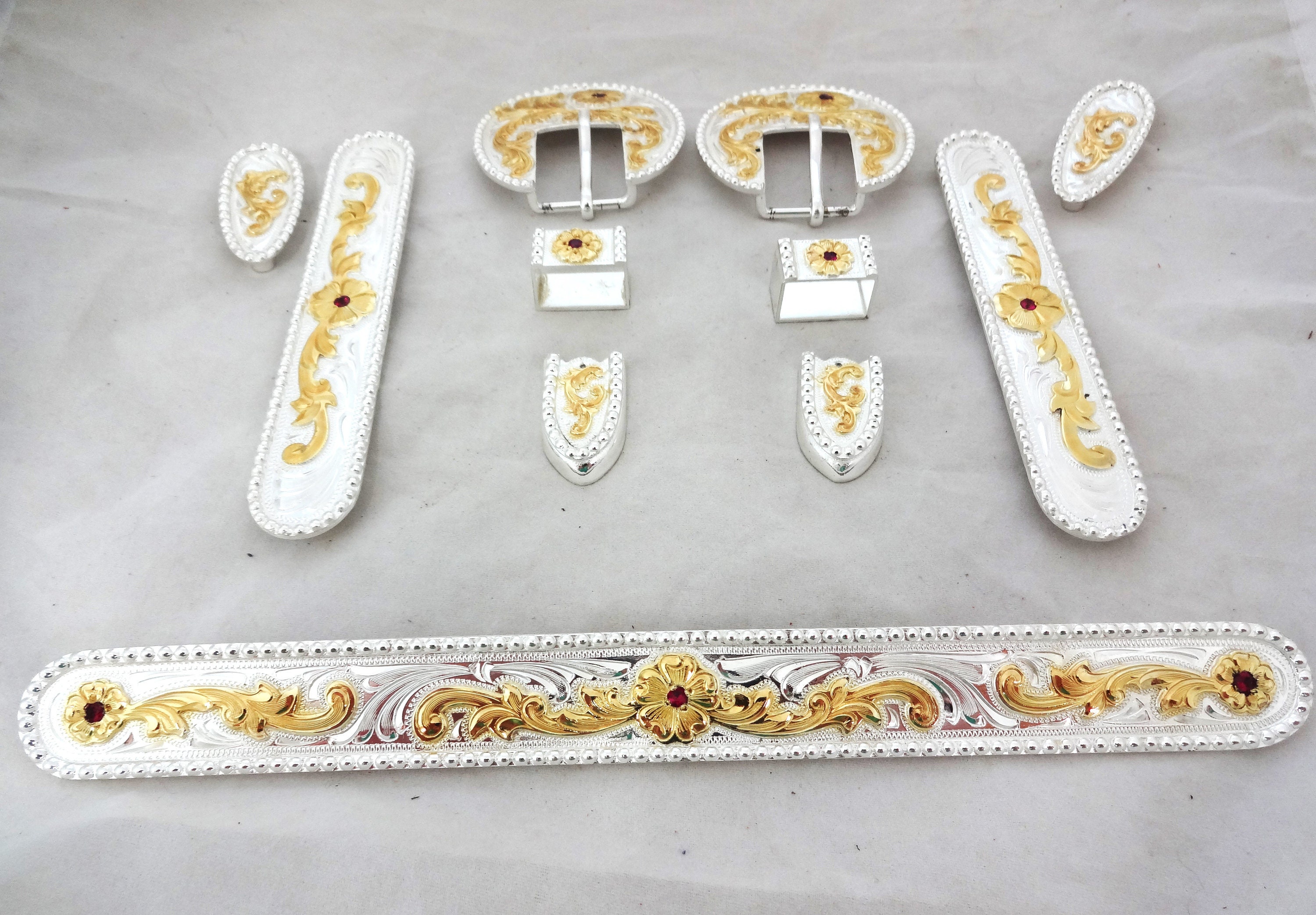 Phoenix 11 Piece Silver Plate Red Stones Western Horse Show Halter
