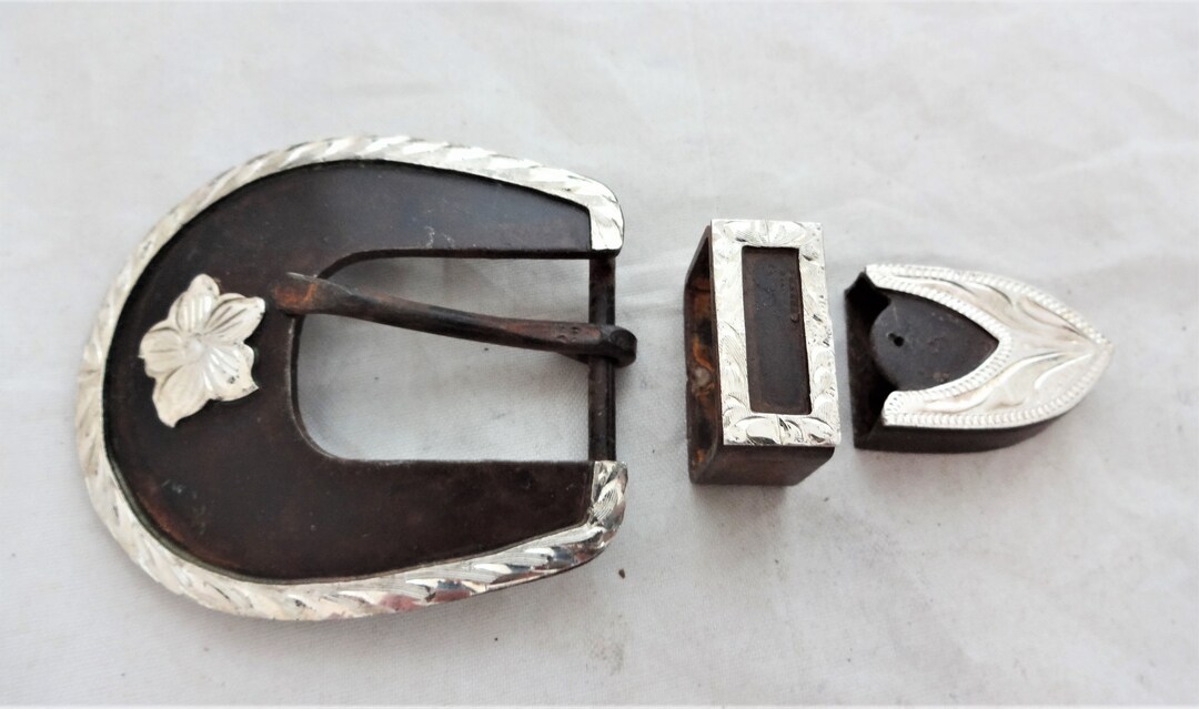 Salinas Hansen Western Gear 3 Piece Belt Buckle Brown Iron Sterling
