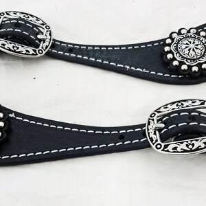 Shaped Silver Spur Straps - Tooled Leather Spurs With Silver Conchos