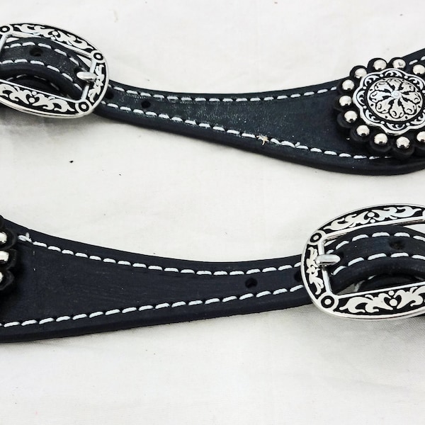 West Coast Tack Hermann Oak Harness Leather Black Western Spur Straps Jeremiah Watt Buckles Conchos Spotted Rosettes Pair New