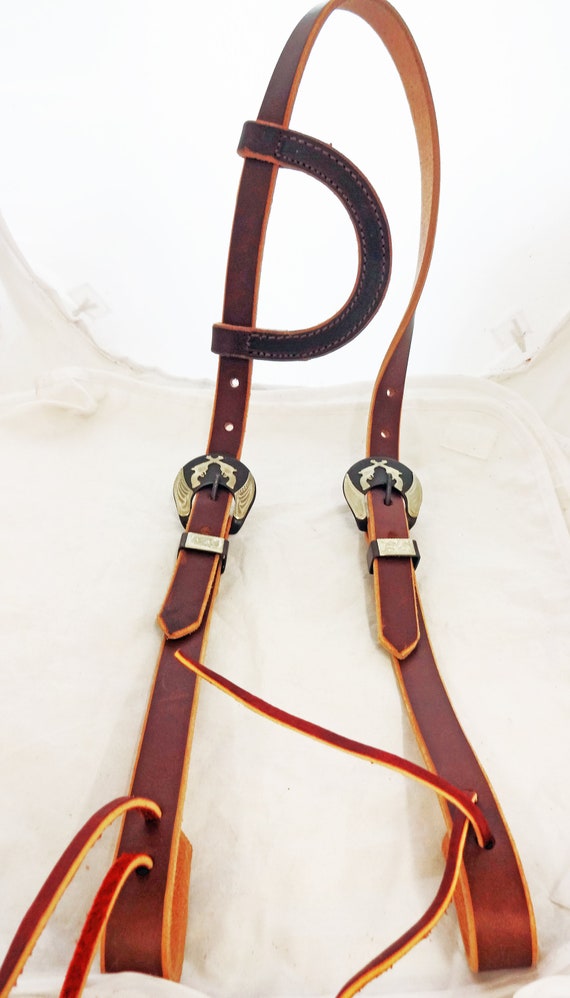 Rich Brown Harness Leather Slip One Ear Headstall Western Horse Tack Antiqued Nickel Cart Buckles Conchos West Coast Tack