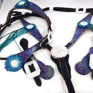 Headstall Breast Collar Spur Straps Set Navy Blue Bling Conchos Buckles Purple Blue Turquoise TieDye Leather Horse Tack OOAK Fringe Flowers