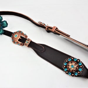 Dunkle braune Bridle Leder Blume ein oder zwei Ohr Headstall Swarl Conchos Petrol Topaz Schnallen Antik Kupfer Pferd Westküste Tackovski Crysta