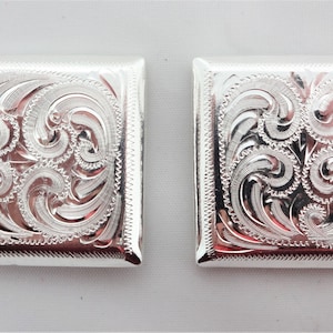 New Pair Hansen Western Gear Chicago Screw Back Conchos Square Engraved Silver Plate Horse Tack Hardware