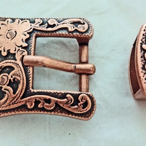 Antiqued Copper Engraved 2 Piece Belt Buckle Keeper Raised Floral Western Horse Tack Hardware Spur Straps Purse Headstall