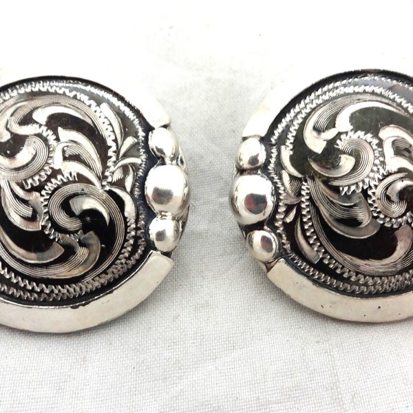 Pair Elko Bubble Hansen Western Gear Bridle Loop Back Conchos  Sterling Silver Overlay Horse Tack Headstall   Hardware Scarf Slide