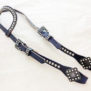 Navy Blue Harness Leather Slip One Ear Studded Headstall Spotted Buckles Conchos Water Ties Western Horse Tack Etched Nickel Spots