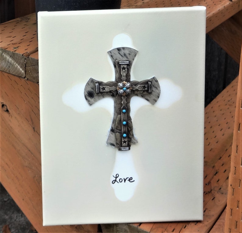 Western Cross Wall Hanging Picture Hanger Leather Wedding Hair on Cowhide Turquoise Dots Canvas Crucifix Love
