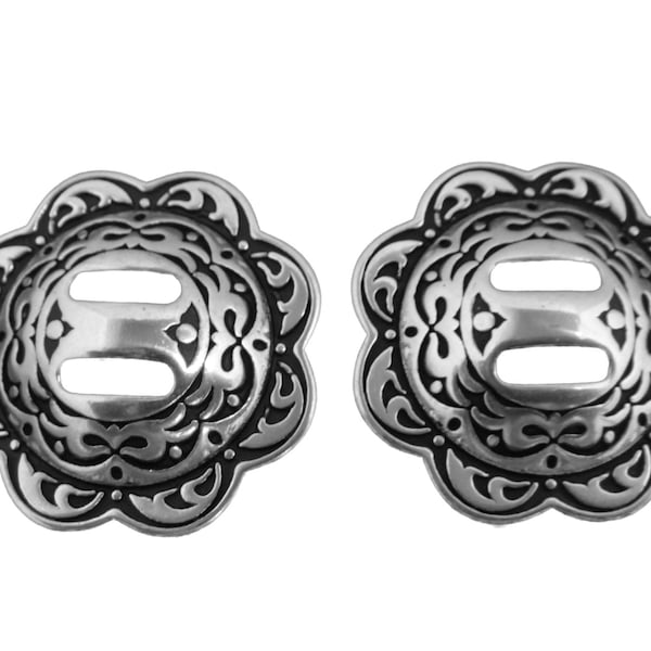 New Pair Jeremiah Watt Horse Shoe Brand Slotted Conchos Black Floral Western Horse Tack Hardware
