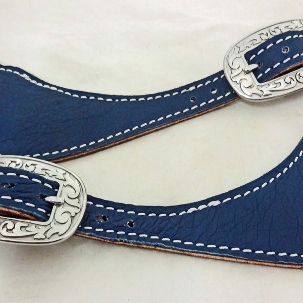 Denim Blue Ostrich Harness Leather Western Pair Cowpuncher Spur Straps West Coast Tack Horse Jeremiah Watt Stainless Steel Buckles