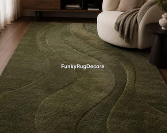 Olive Green Wave Rug, Hand Tufted Wool Sculptured Carved Area Rug, Custom Size Living Room Bedroom Rug