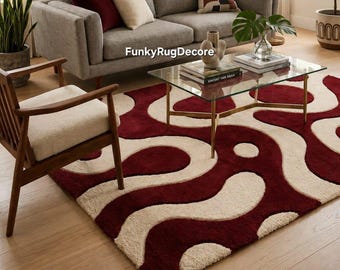 Hand Tufted Wool Rug, Red Cream Abstract Swirl Area Rug, Retro Living Room Carpet
