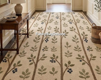 Hand Tufted Wool Botanical Leaf Vine Area Rug, Cottagecore Floral Living Room (Custom Size)