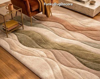 Hand Tufted Wool Wave Rug, Earthy Organic Modern Area Rug, Sage Beige Living Room