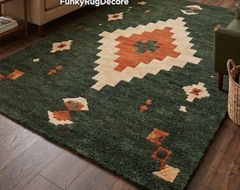 Hand Tufted Wool Rug, Forest Green Tribal Geometric, Gabbeh Boho Area Rug, Custom Size Living Room