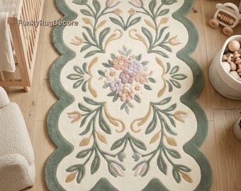 Scalloped Floral Wool Rug, Hand Tufted Ivory Sage Green, Cottagecore Nursery Area
