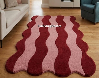 Wavy Stripe Wool Rug, Hand Tufted Crimson Pink Area Rug, Irregular Shape Living Room Carpet, Custom Size
