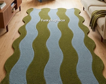 Wavy Stripe Wool Rug, Hand Tufted Olive Green Blue Irregular Shape Area Rug, Custom Size