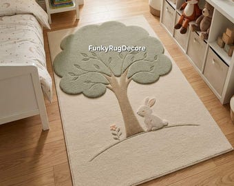 Hand Tufted Wool Kids Rug, Woodland Bunny Tree Nursery Playroom, Sage Green Custom Size