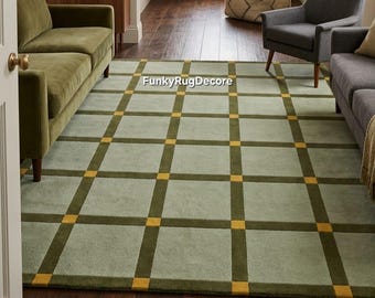 Hand Tufted Wool Rug, Sage Green Geometric Windowpane, Custom Size Area Rug, Mid Century Living Room Rug