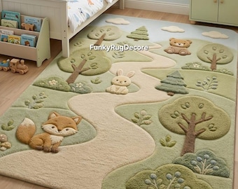 Hand-Tufted Wool Woodland Animals Play Mat, Nursery Forest Scene Rug