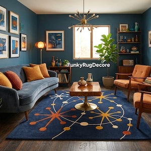 Atomic Starburst Navy Blue Retro Rug | Hand Tufted Mid Century Modern Living Room Carpet