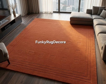 Terracotta Hand Tufted Wool Rug, Burnt Orange Sculptured Area Rug, Custom Size, Geometric Carved Living Room Rug