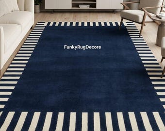 Navy Blue Striped Border Wool Rug, Hand Tufted Area Rug, Coastal Living Room Rug, Custom Size Rug