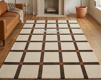 Checkered Wool Rug Hand Tufted, Ivory Brown Grid Area Rug, Geometric Plaid Carpet, Custom Size Living Room