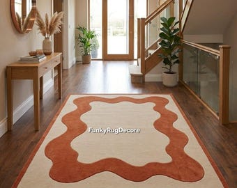 Wavy Border Wool Rug, Terracotta Abstract Area Rug, Hand Tufted Custom Size, Retro Boho Living Room