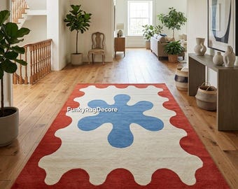 Hand Tufted Wool Rug, Wavy Border Abstract, Rust Blue Ivory, Custom Size Living Room