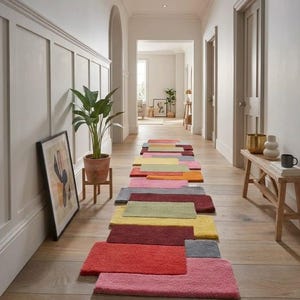 May include: A long runner rug featuring a series of overlapping rectangular sections in various colors including red, pink, yellow, green, and gray. The rug is placed on a light wood floor in a hallway with white paneled walls and a wooden bench.