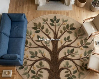 Hand Tufted Wool Tree of Life Round Rug, Botanical Nature Nursery Decor