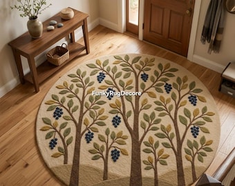 Round Wool Rug Hand Tufted, Botanical Tree Berry Nursery Living Room Foyer Custom Size