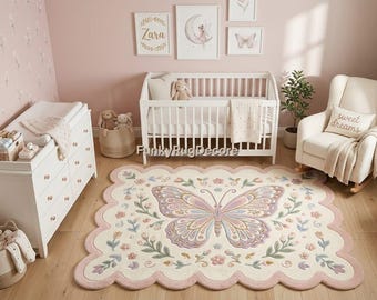 Pastel Butterfly Floral Wool Rug, Hand Tufted Scalloped Nursery Carpet