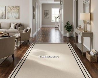 Hand Tufted Wool Rug, Ivory Black Double Border, Minimalist Area Rug