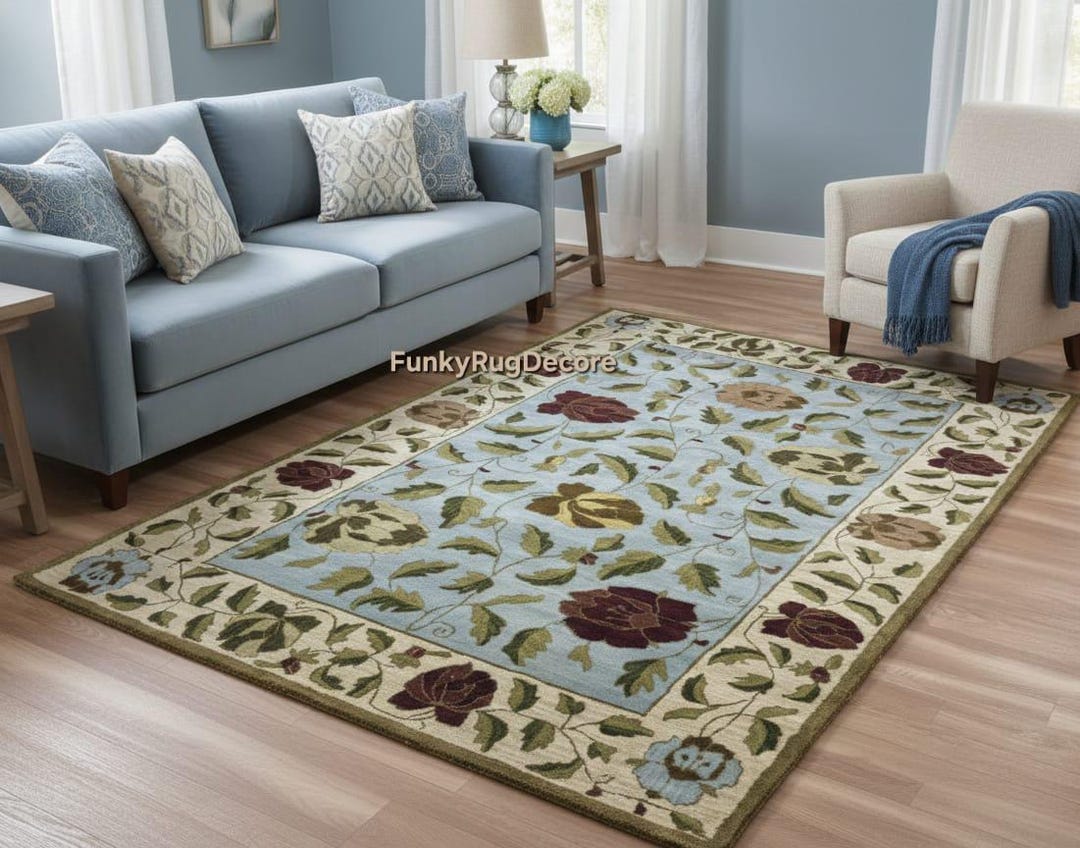 Hand Tufted Wool Rug, Blue Floral Area Rug, Vintage Large Living Room ...