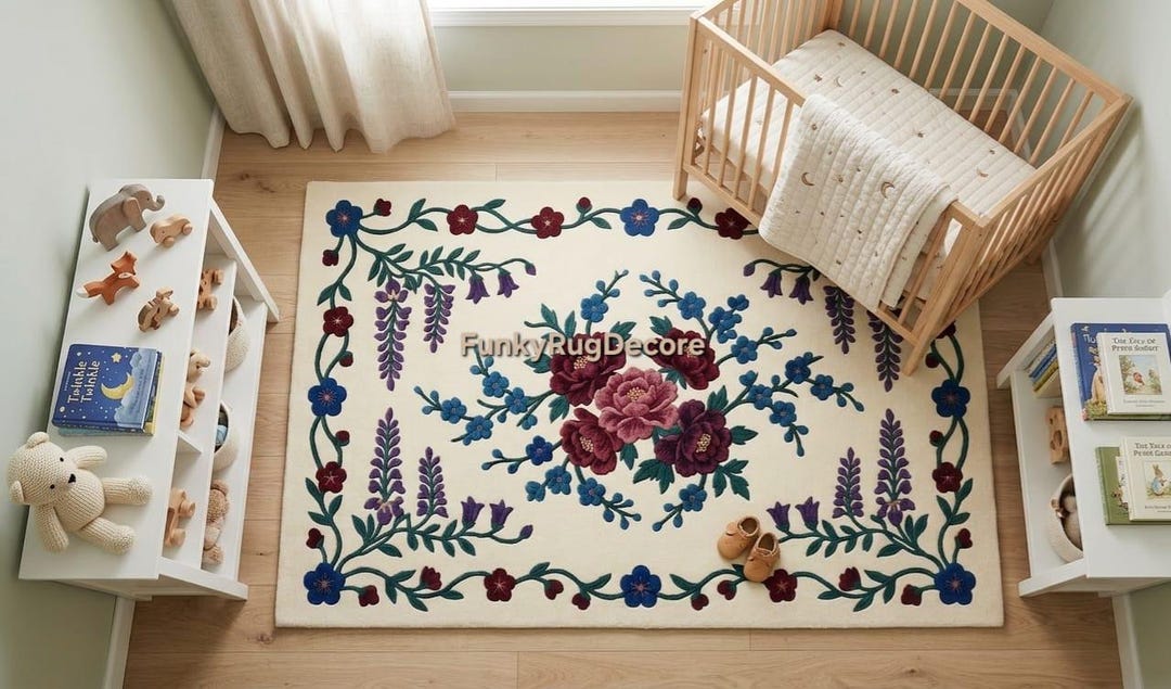Hand-tufted Wool Peony Botanical Area Rug, Ivory Cream Floral Nursery ...