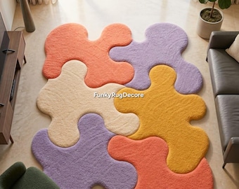 Puzzle Shaped Hand Tufted Wool Rug, Pastel Colorblock Kids Room, Nursery Boho Retro Custom Size Area Rug