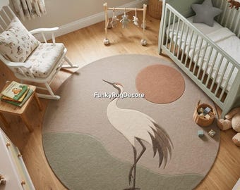 Hand Tufted Wool Crane Rug, Japandi Sun Circle Area Rug, Boho Nursery Neutral