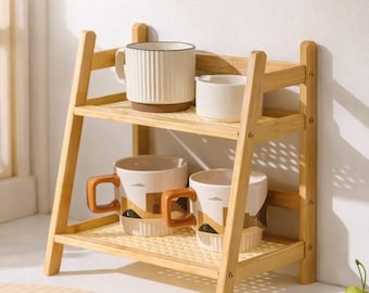 Natural Bamboo 2-Tier Countertop Organizer Shelf, Kitchen Coffee Station Rack