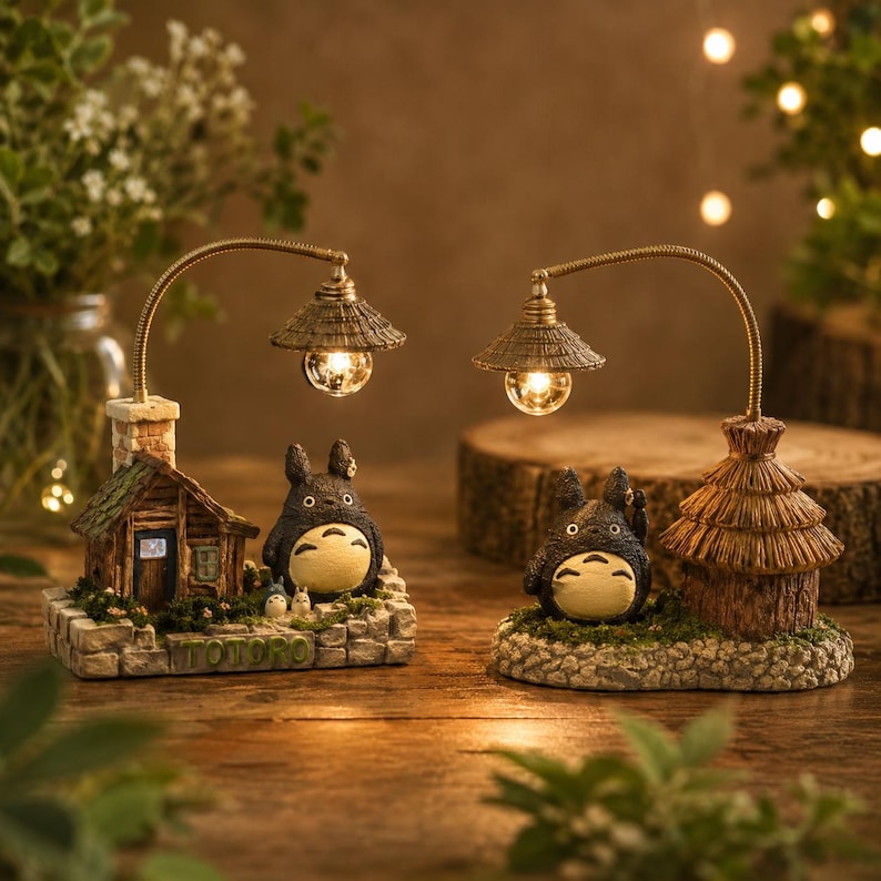 May include: Two decorative lamps featuring a cartoon character, each with a small house and a lamp post. The lamps have a warm, inviting glow, and the bases are detailed with miniature scenery. The word "TOTORO" is visible on one base.