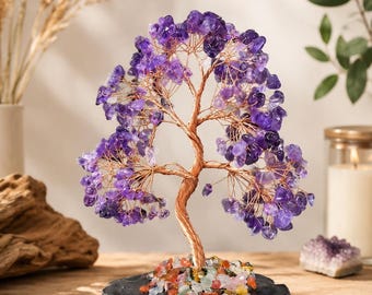 Amethyst Crystal Tree of Life, Copper Wire Gemstone Bonsai Decor