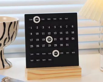 Black Perpetual Desk Calendar – Modern Wooden Office Decor