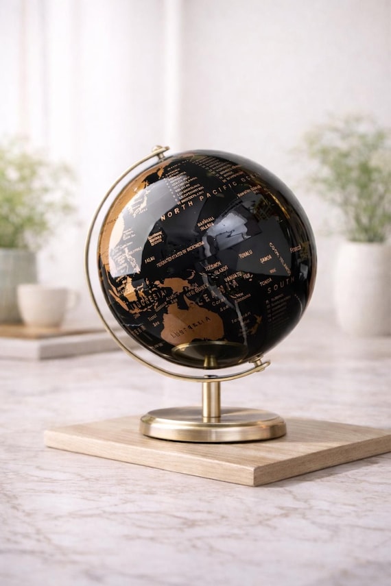 Modern Black Gold World Globe – Luxury Desk Decor, Minimalist Home Office Accessory