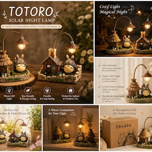 May include: Totoro solar night lamps with warm LED lights. The lamps feature a whimsical design with a house and a Totoro character. They are eco-friendly, durable, and perfect for indoor or outdoor use. The lamps are a thoughtful gift for Totoro lovers.