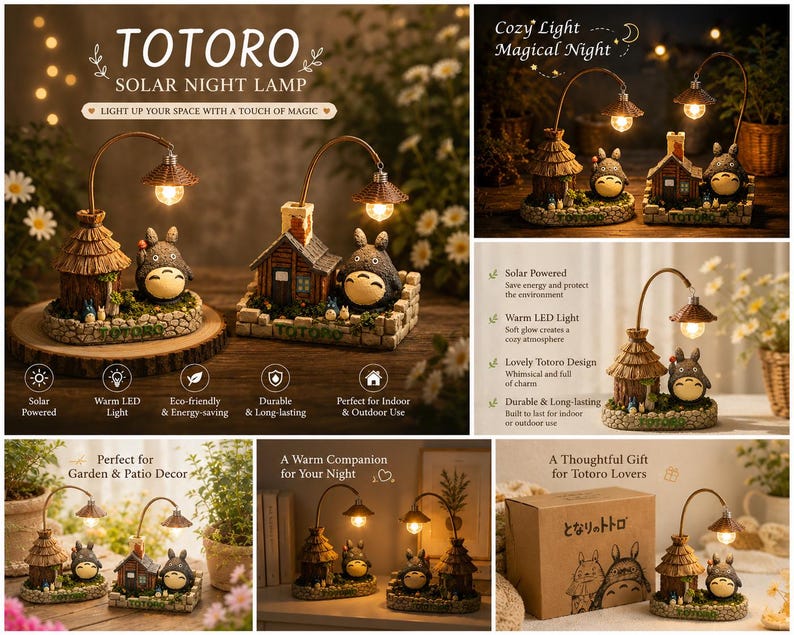 May include: Totoro solar night lamps with warm LED lights. The lamps feature a whimsical design with a house and a Totoro character. They are eco-friendly, durable, and perfect for indoor or outdoor use. The lamps are a thoughtful gift for Totoro lovers.