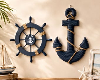 Nautical Ship Wheel Anchor Wall Decor Set | Coastal Rope Ocean Theme Home