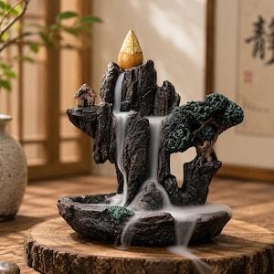 May include: A dark brown resin incense burner shaped like a mountain landscape with a small hut, a green tree, and a gold-tipped cone at the peak. White smoke flows downward from the top like a waterfall into the basin at the base of the structure.