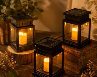 Solar LED Mini Lanterns, Warm Flickering Candle Light, Rustic Outdoor Garden Decor